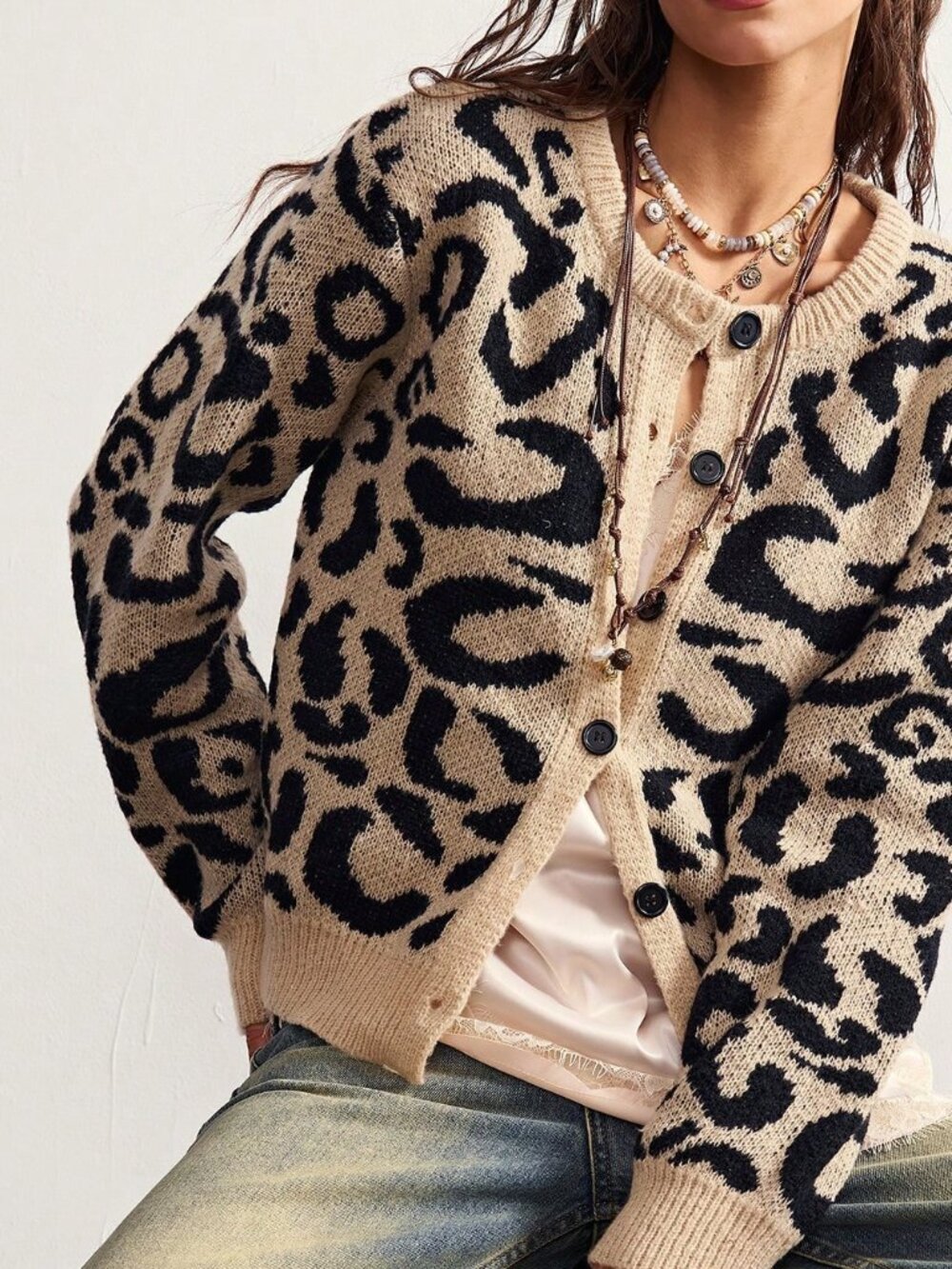 Apricot Casual Women's Leopard Print Jacquard Knit Cardigan - Picture 5 of 9